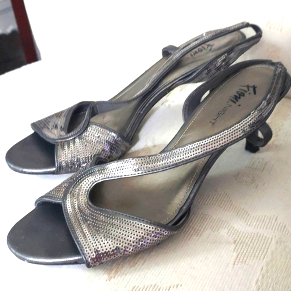 Vintage Fiona Sequin Silver Gunmetal Open Toe Sling Back Pumps Heels Sz 10